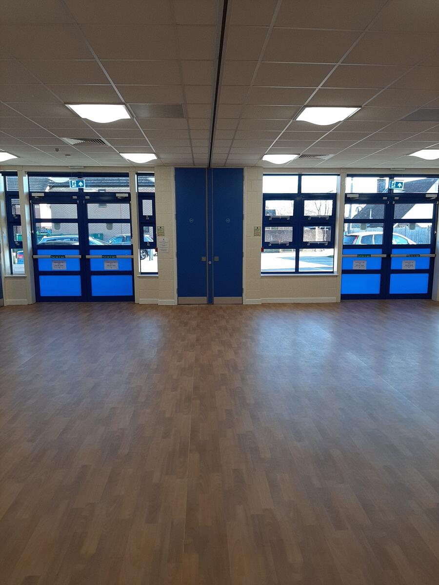 Interior of the Main Hall looking out of the windows towards the car park